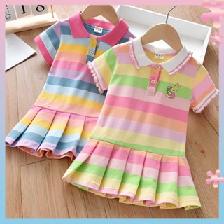 Childrens skirt 2022 summer new Korean style College Style polo striped pleated skirt girls lapel dress fashion