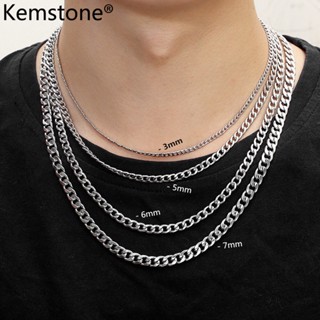 Kemstone สร้อยคอโซ่ ชุบเงิน สไตล์ฮิปฮอป เรียบง่าย 3 มม. 5 มม. 7 มม. สําหรับผู้ชาย