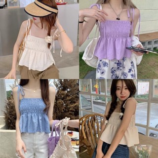 FK🌸พร้อมส่ง🌸 เสื้อครอป สายเดี่ยว สายมัดโบว์ สม๊อคช่วงอก ชายปล่อยระบาย