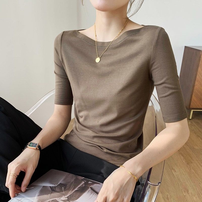 เสื้อยืด แขนห้าส่วน คอเดียว แบบบาง แฟชั่นฤดูใบไม้ผลิ และฤดูร้อน สําหรับผู้หญิง