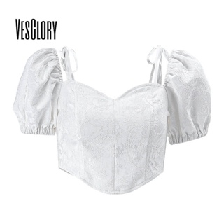 Vesglory เสื้อยืดแขนสั้น คอวี แขนพอง สีพื้น เซ็กซี่ แฟชั่นสําหรับผู้หญิง