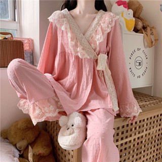 [พร้อมส่ง] ชุดนอนกิโมโน แขนยาว กางเกงขายาว แต่งลูกไม้น่ารัก สไตล์เจ้าหญิง แฟชั่นญี่ปุ่น สําหรับผู้หญิง