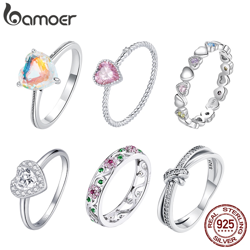 Bamoer 925 แหวนเงินหัวใจแฟชั่น Jewellery สําหรับผู้หญิงสาวคนรักขนาด 9