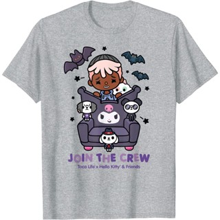 เสื้อยืดผ้าฝ้ายพรีเมี่ยม เสื้อยืด พิมพ์ลาย Toca Life x Hello Kitty &amp; Friends JOIN THE CREW สําหรับผู้ชาย_01