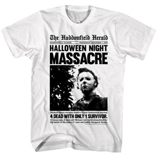 เสื้อยืด พิมพ์ลาย Haddonfield Herald Headline Massacre Michael Myers สไตล์ฮาโลวีน สําหรับผู้ชาย