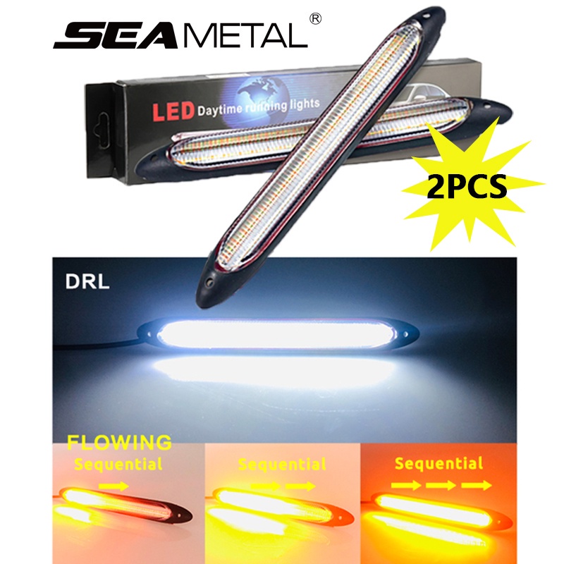 SEAMETAL 2Pcs ไฟเลี้ยว LED รถยนต์ ไฟวิ่งกลางวัน ลำแสง RGB แถบไฟสแกนสีเหลืองและสีขาว ไฟวิ่ง DRL กันน้ำสากล Car LED Turn Signal Daytime Running Light