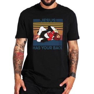 เสื้อยืด ผ้าฝ้าย 100% พิมพ์ลาย Jesus Has Your Back Satan สไตล์วินเทจ คลาสสิก_01