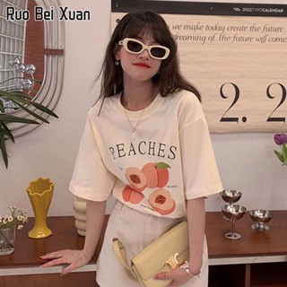 RUO BEIU XUAN เสื้อยืดสตรี 2023 ฤดูร้อนเวอร์ชั่นเกาหลีใหม่ญี่ปุ่นพิมพ์แขนสั้นด้านบน