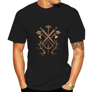 Cotton T-Shirt Old Gods - Viking ensemble - weapons of war sacrifice harvest with ash leaves - screen printed men t_02