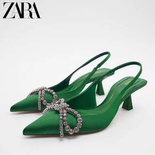 Zara สินค้าใหม่ รองเท้าส้นสูง ประดับโบว์ พลอยเทียม สีเขียวสดใส แฟชั่นฤดูใบไม้ร่วง สําหรับผู้หญิง 2022