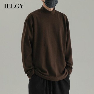 IELGY เสื้อยืดแขนยาว ผ้าฟลีซ สองด้าน คอสูง ทรงหลวม สําหรับผู้ชาย