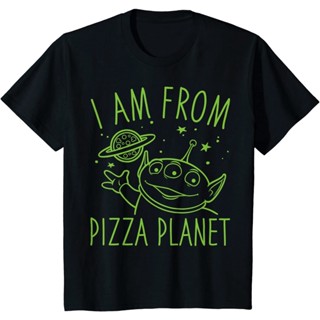 เสื้อยืดผ้าฝ้ายพรีเมี่ยม เสื้อยืด พิมพ์ลาย Disney Pixar Toy Story Neon Green Alien Pizza Planet สําหรับผู้ชาย_02