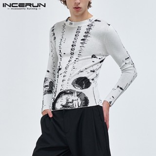 Incerun เสื้อแขนยาว ผ้าถัก พิมพ์ลายเมทัลลิก แบบบาง