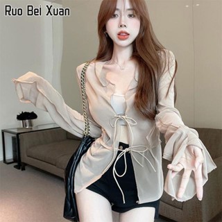 RUO BEI XAUN เสื้อแขนยาวผู้หญิงใหม่สไตล์เกาหลีหลวมเซ็กซี่ตาข่ายแขนยาวเสื้อยืด