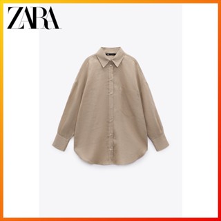 Zara ใหม่ เสื้อเชิ้ตแขนยาว ผ้าลินิน มีกระเป๋า 5 สี สําหรับผู้หญิง