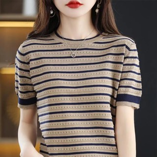 Women Stripe T-shirt Hollow Out Short Sleeve Round Neck Summer New Fashion T Shirt Casual Loose Korean Ladies Top