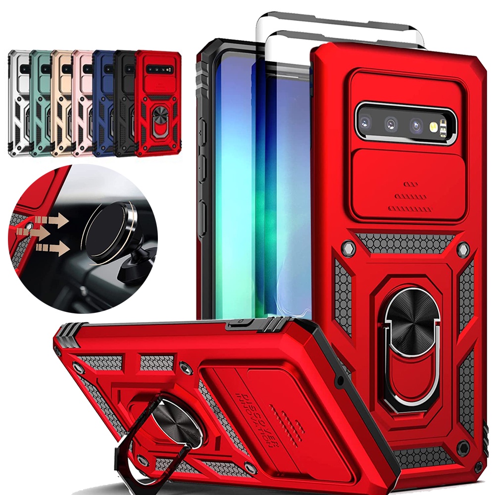 สําหรับ Samsung Galaxy S10 Plus หนัก ป้องกัน แหวนแม่เหล็ก ขาตั้ง สไลด์ เลนส์กล้อง เคสกันกระแทก พร้อมฟิล์มกันรอยหน้าจอ 2 ชิ้น