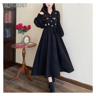 Taurus307 เดรสแขนยาวสีดำคอวีหรูหราสไตล์วินเทจปักดอกไม้ผู้หญิงเสื้อคลุมสำหรับปาร์ตี้สำนักงานช้อปปิ้ง