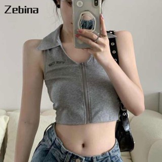 Zebina เสื้อยืดสตรีคอวีทรงสกินนี่ซิปแขนกุดด้านนอกทรงครอป