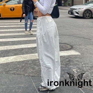 ₪♙✥ironknight-Y2K Harajuku Women´s Solid Color Elastic Waist Tie-Up Side Pockets Loose Fit Trousers