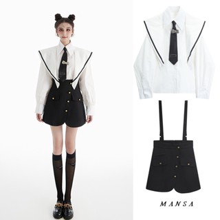 MANSA white tie shirt+black overalls เสื้อ เสื้อเชิ้ตแขนยาว กางเกงขาสั้น เสื้อผ้าแฟชั่นผู้หญิง