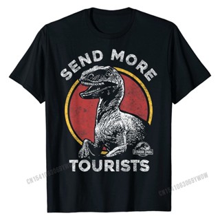 เสื้อยืด ผ้าฝ้าย พิมพ์ลายกราฟฟิค Jurassic Park Send More Tourists Raptor สําหรับผู้ชาย