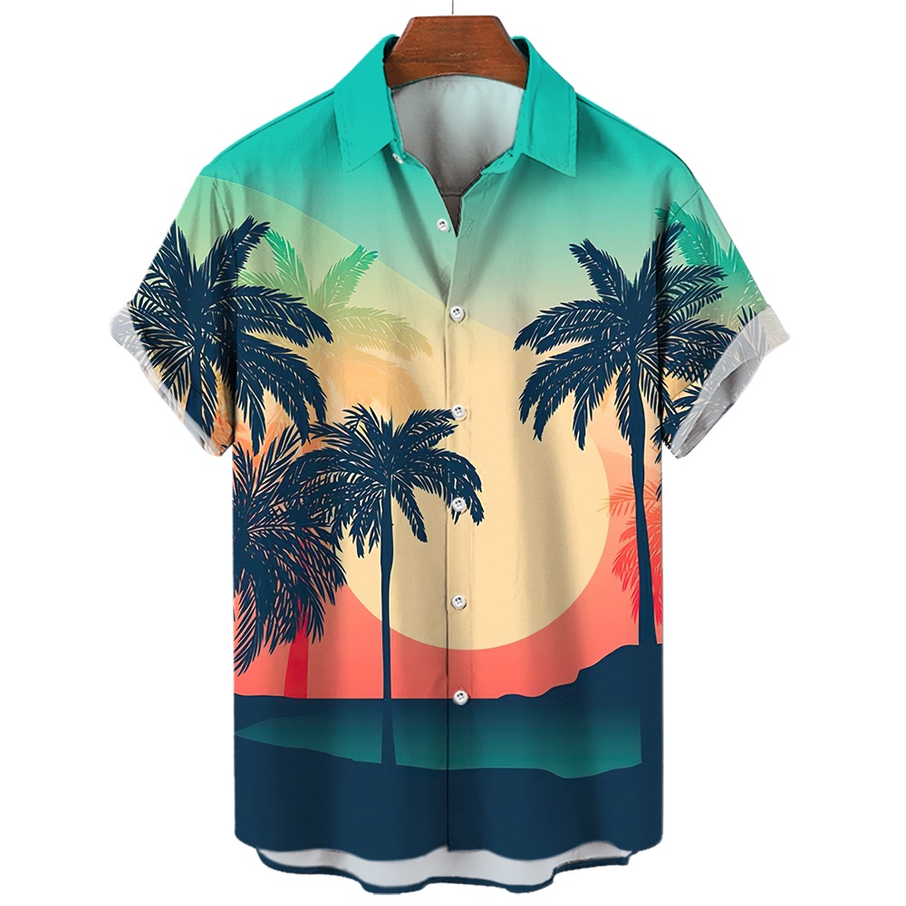 เสื้อเชิ้ตฮาวาย แขนสั้น พิมพ์ลายต้นมะพร้าว ขนาดใหญ่ สวมใส่สบาย แฟชั่นฤดูร้อน สไตล์ยุโรป สําหรับผู้ชาย