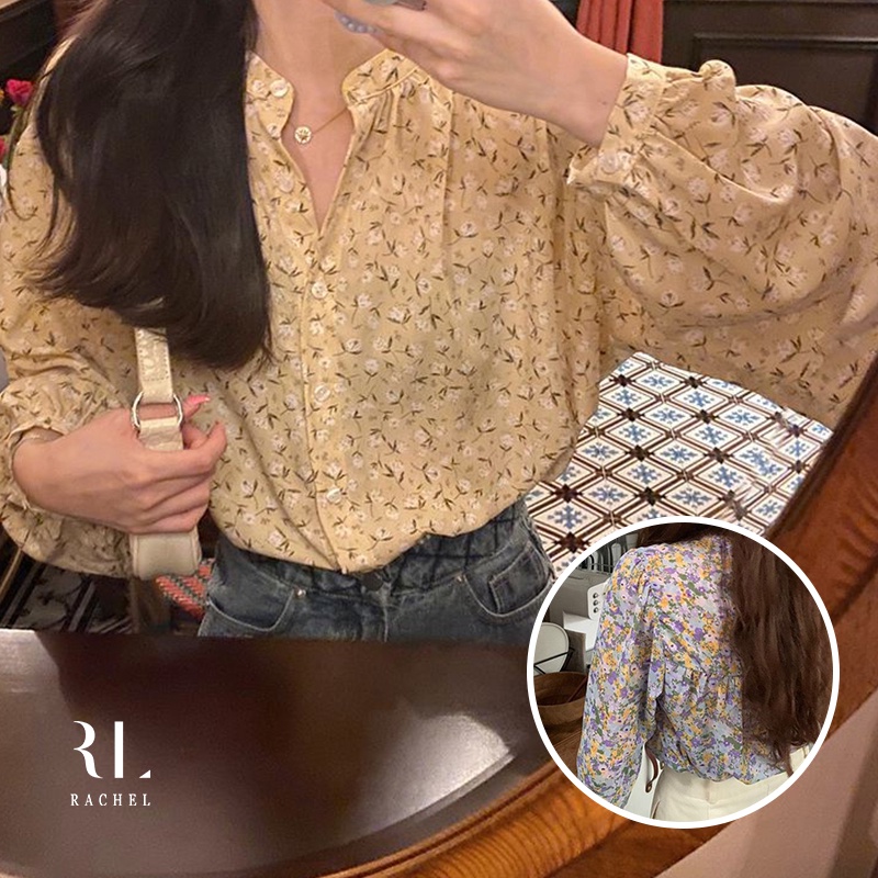 เสื้อเชิ้ตแขนยาว ลายดอกไม้ เนื้อผ้าใส่สบาย เสื้อชีฟองผู้หญิง ลายดอกไม้ แขนยาว คอวี ดีไซน์เก๋