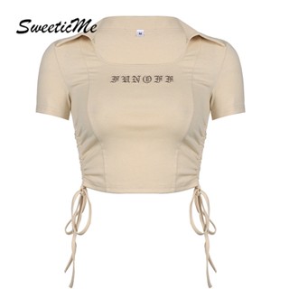 Sweeticme ใหม่ เสื้อยืดลําลอง แขนสั้น คอกลม ทรงสลิม สีพื้น แฟชั่นสําหรับสตรี 2023