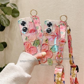 New Phone Casing เคส OPPO Reno8 T A78 5G 4G with Wristband Stand Backpack Style Phone Case OPPO Reno 8 8T Reno8T Flowers Pattern Soft Case Back Cover เคสโทรศัพท