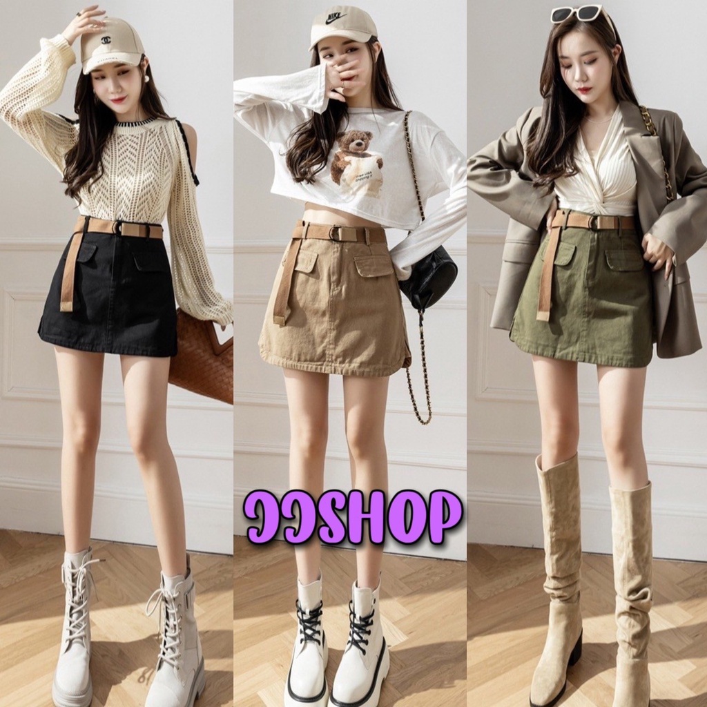 JJ shop พร้อมส่ง กระโปรงเอวสูงทรงเอ แถมเข็มขัด มีซับในบางๆ "6696" -NZ