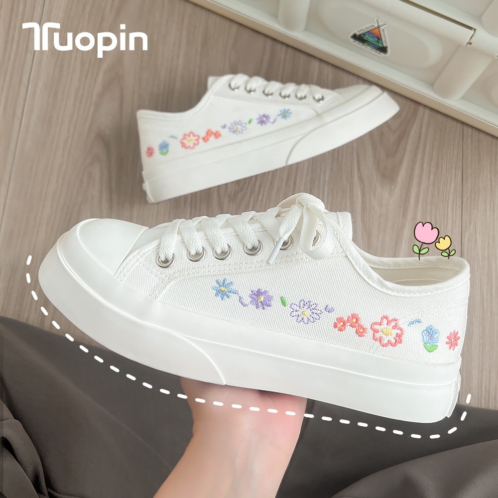 ✐รองเท้าผ้าใบสีขาวปักลายดอกไม้ Tuopin สินค้าพร้อมส่ง | P147