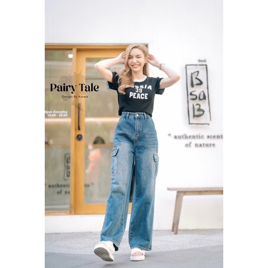 💖งานป้าย Pairy Tale💖 เซตขายาว เสื้อไหมพรมสกรีนลายเก๋ไก๋ กางเกงยีนส์ขายาวคาร์โก้เอวสูงแต่งกระเป๋า