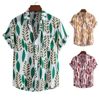 เสื้อโปโลแขนสั้นลําลอง ทรงหลวม ขนาดใหญ่ แต่งกระดุม ลายดอกไม้ มีกระเป๋า สีเขียว สีเหลือง สีแดง สไตล์ฮาวาย สําหรับผู้ชาย