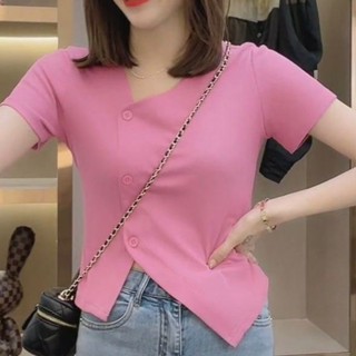 เสื้อยืดแขนสั้น คอเอียง ทรงหลวม แฟชั่นสไตล์เกาหลี สําหรับผู้หญิง