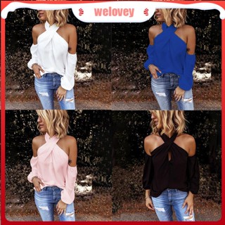 【WLPH】เสื้อเชิ้ต เปิดไหล่ แขนยาว สีพื้น ขนาดใหญ่ แฟชั่นสําหรับผู้หญิง