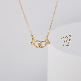 TBK สร้อยคอทอง สแตนเลส โซ่ necklace สองจี้ปลาขนาดเล็ก ไม่ลอกไม่ดํา 18k ประดับเพชร กันแพ้ แฟชั่นสําหรับผู้หญิง 662n