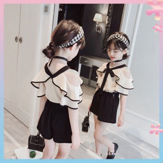 Girls summer suit 2023 new childrens summer suspenders shoulder-straps chiffon top childrens Korean style two-piece suit trendy