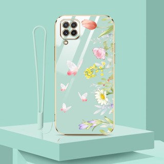 เคสโทรศัพท์มือถือชุบไฟฟ้า ลายผีเสื้อ ดอกไม้ พร้อมสายคล้อง หรูหรา สําหรับ Samsung Galaxy A12 4G 5G M12 A22 4G 5G M22 M22 M23 A12
