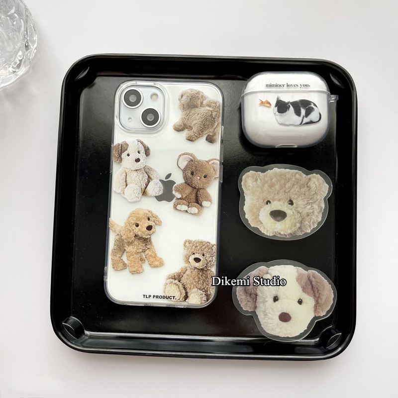 เคสโทรศัพท์มือถือ ซิลิโคนนิ่ม แบบใส ลายตุ๊กตาลูกสุนัขน่ารัก พร้อมที่ตั้งวาง สไตล์เกาหลี สําหรับ iphone14 13promax 14pro 13 12 11
