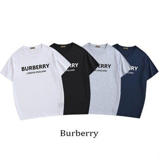 Burberryจดหมายคลาสสิกพิมพ์โลโก้ unisex เสื้อยืดผ้าฝ้ายแขนสั้นเสื้อยืด Street style