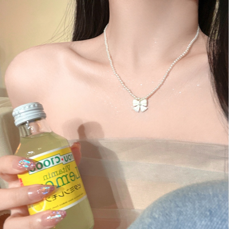 Roselife เกาหลี น่ารัก สีขาว โบว์ มุก ลูกปัด โชคเกอร์ สร้อยคอ สําหรับผู้หญิง เด็กผู้หญิง หรูหรา โบ เสน่ห์ สร้อยคอโซ่สั้น เครื่องประดับ ของขวัญ