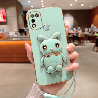 เคสโทรศัพท์มือถือ ชุบไฟฟ้า ลายกระต่ายน่ารัก 360 องศา พร้อมขาตั้ง และสายคล้อง สําหรับ Infinix Hot 10 Play Hot 11 Play X688C X688B