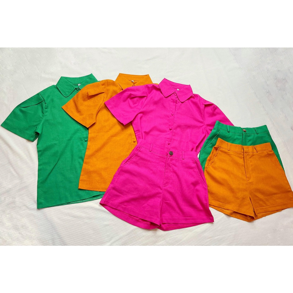 [ภาพจริง] MS061 Set เสื้อปกบัวและกางเกงขาสั้นกระดุม หุ้มผ้าลินินแป้ง {{trang_julie_store}