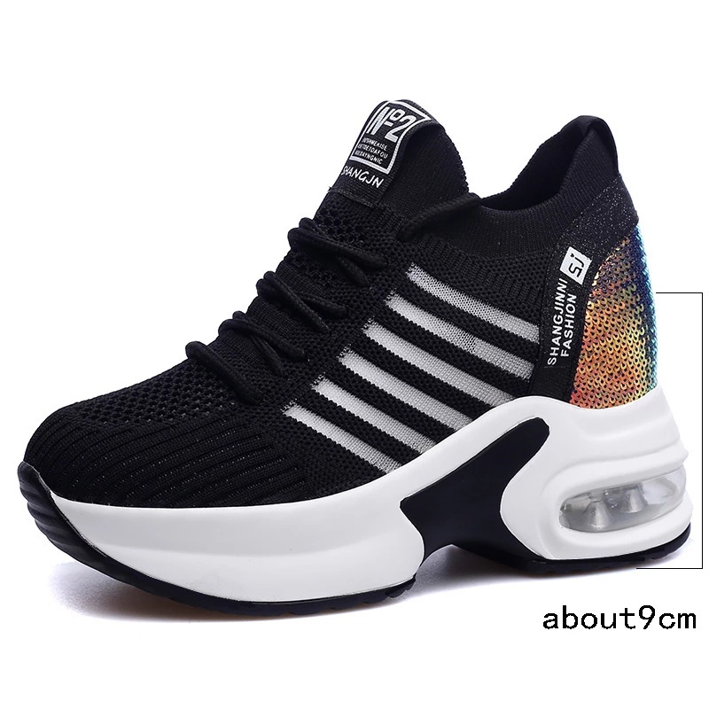 Chunky รองเท้าผ้าใบผู้หญิงรองเท้าวิ่ง 9 ซม.Wedge Platform สุภาพสตรี Trainers สีขาว Glitter รองเท้ากี