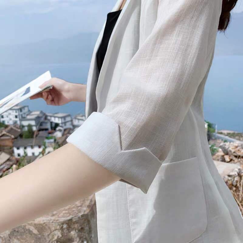 เสื้อสูทผู้หญิง 2020 เวอร์ชั่นเกาหลีย้อนยุคแขนสามส่วนกลางผ้าฝ้ายลินินด้านนอกอินเทรนด์
