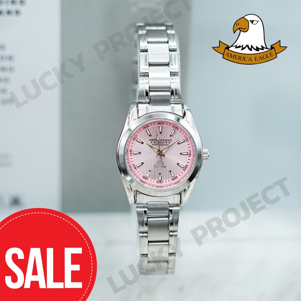 🔥🔥ส่งเร็วAmerica Eagle นาฬิกาข้อมือผู้หญิง ราคาถูก แถมกล่องนาฬิกา รุ่น 023L สายเงินหน้าชมพู