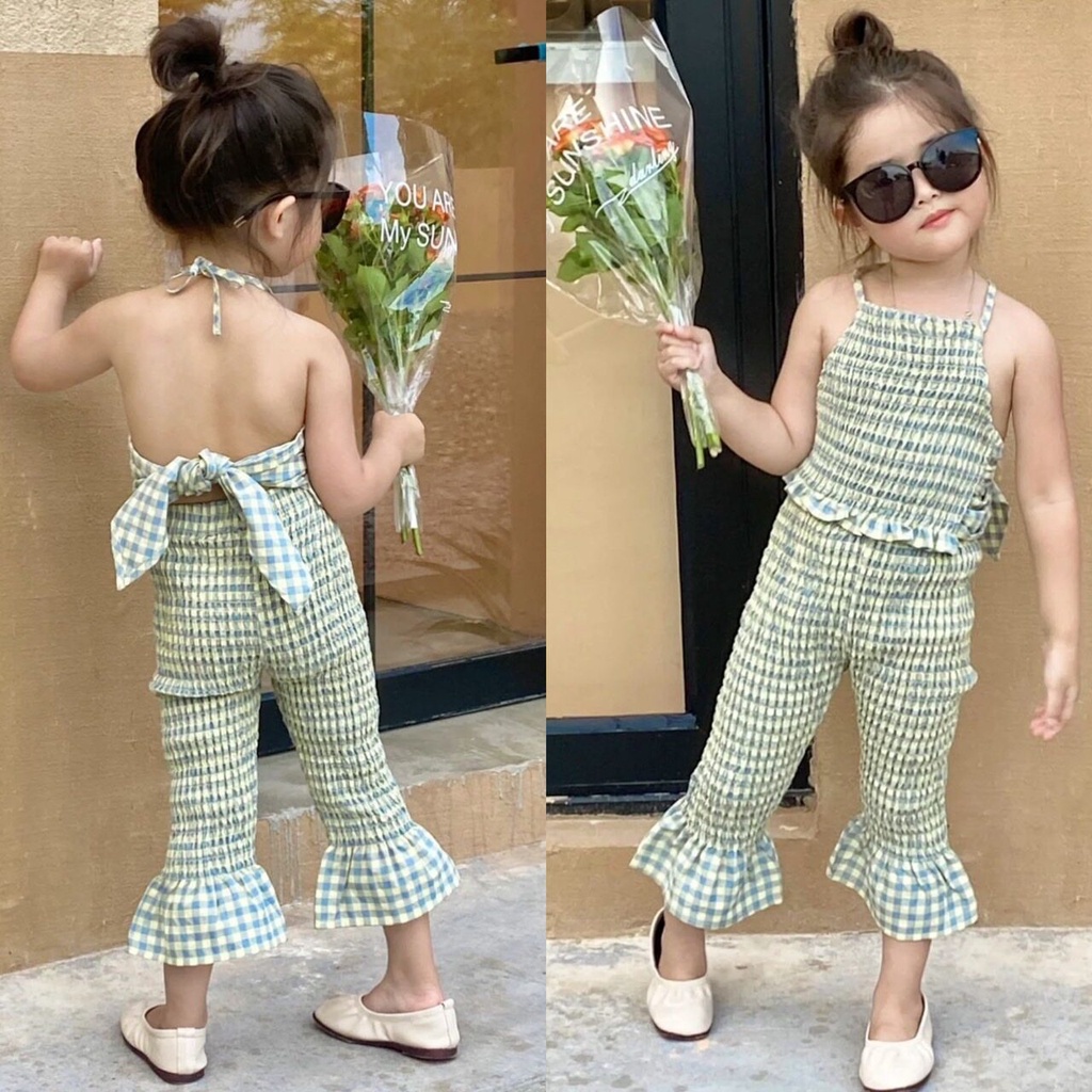 PRETTY BABY ชุดเซ็ทเด็ก เสื้อผูกหลัง+กางเกงขา 9 ส่วน เกาหลีเกาใจ (616)