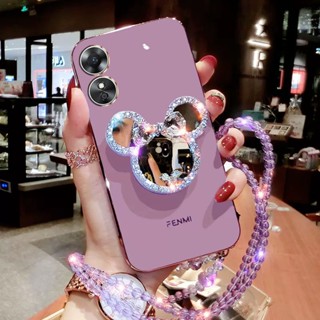 เคส OPPO Reno 8T 8Z Reno 7Z Reno6 Z Reno5 Reno4 เคสโทรศัพท์มือถือ ลายการ์ตูนมิกกี้เมาส์ พร้อมกระจกแต่งหน้า และสายคล้องข้อมือ สําหรับ