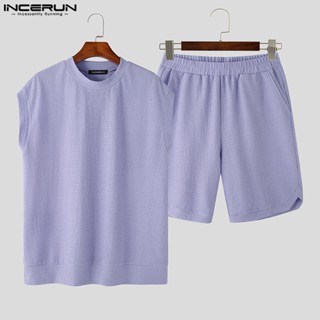 Incerun เสื้อกั๊กถัก แขนกุด สีพื้น ไหล่ตก + ชุดลําลอง capris